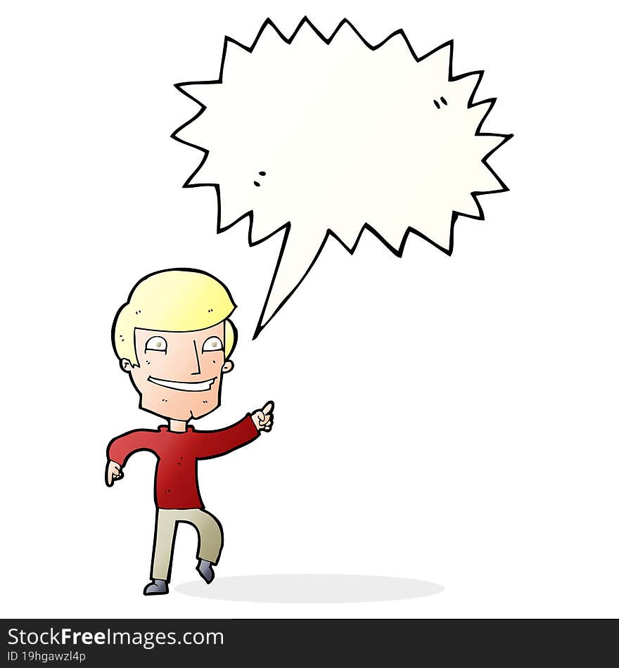 cartoon happy man pointing with speech bubble