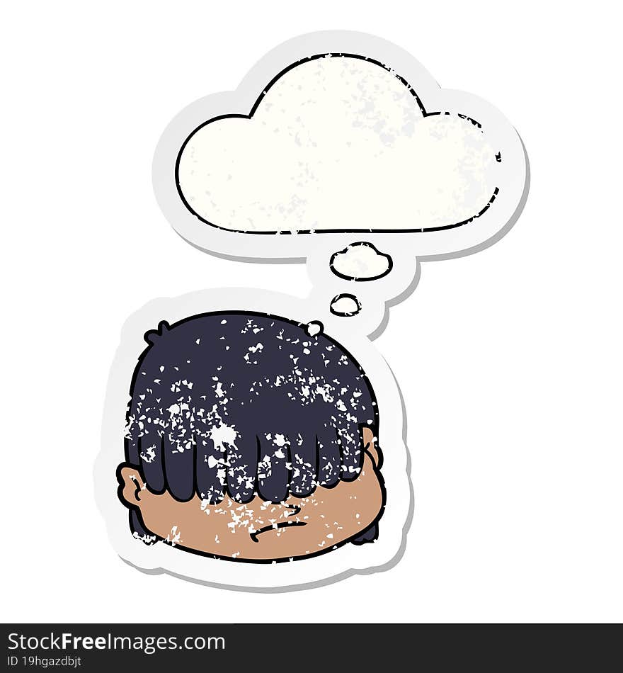 cartoon face with hair over eyes with thought bubble as a distressed worn sticker