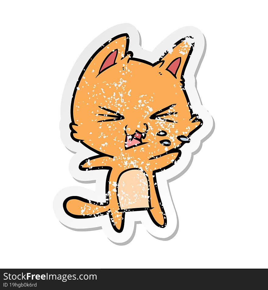 distressed sticker of a cartoon cat hissing