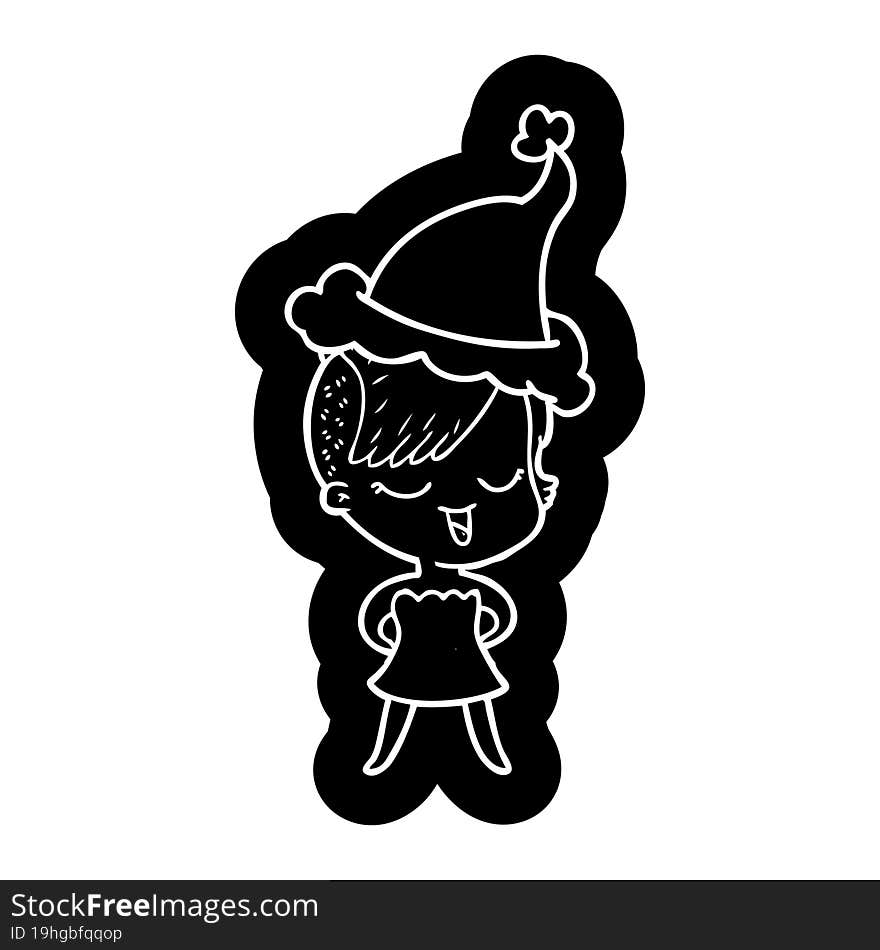 happy cartoon icon of a girl in cocktail dress wearing santa hat