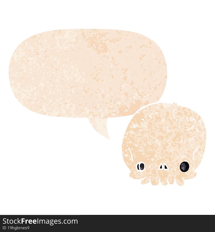 cartoon skull and speech bubble in retro textured style