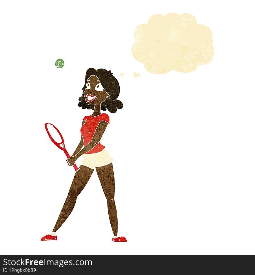 Cartoon Woman Playing Tennis With Thought Bubble