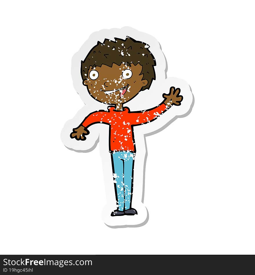 Retro Distressed Sticker Of A Cartoon Happy Boy Waving