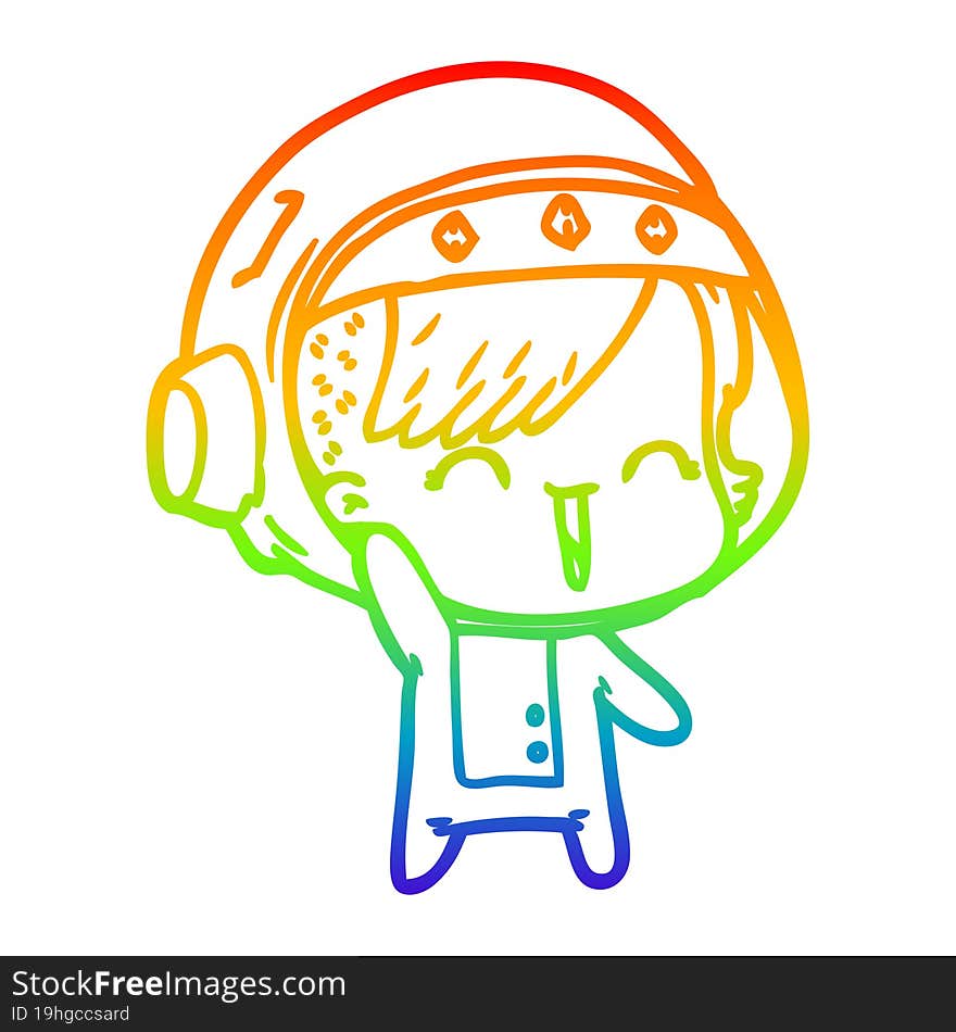 Rainbow Gradient Line Drawing Cartoon Happy Astronaut Girl Waving