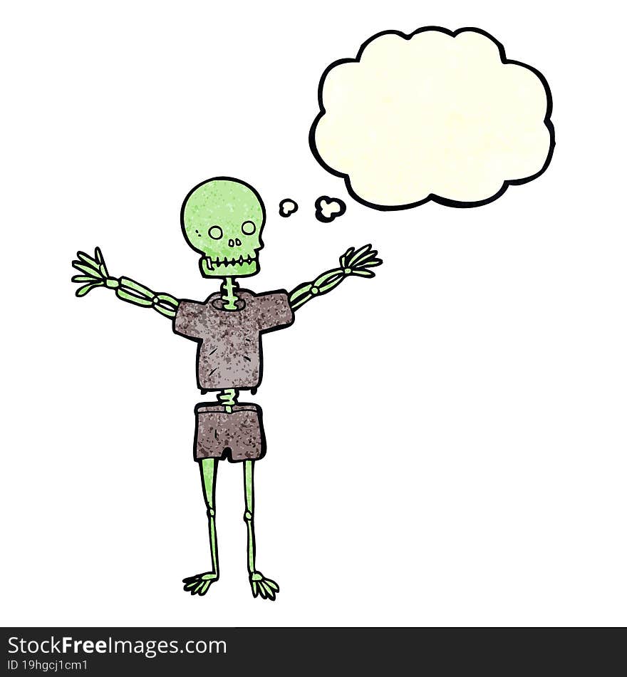 cartoon skeleton in clothes with thought bubble