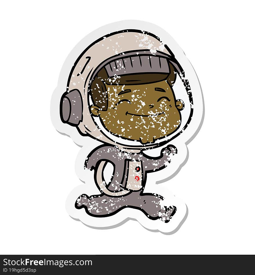 distressed sticker of a happy cartoon astronaut