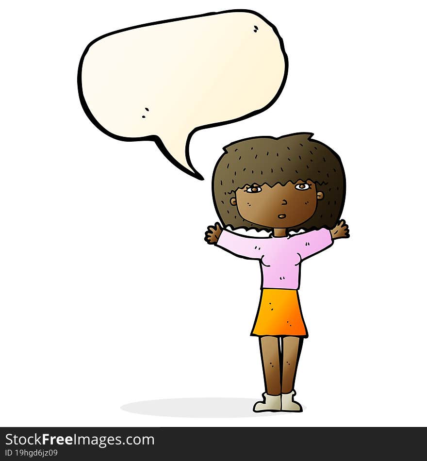 cartoon woman raising arms in air with speech bubble