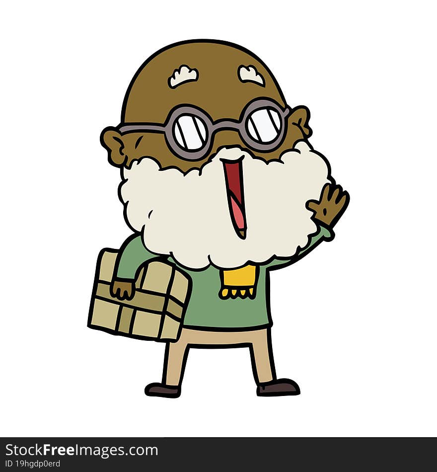 cartoon joyful man with beard and parcel under arm. cartoon joyful man with beard and parcel under arm