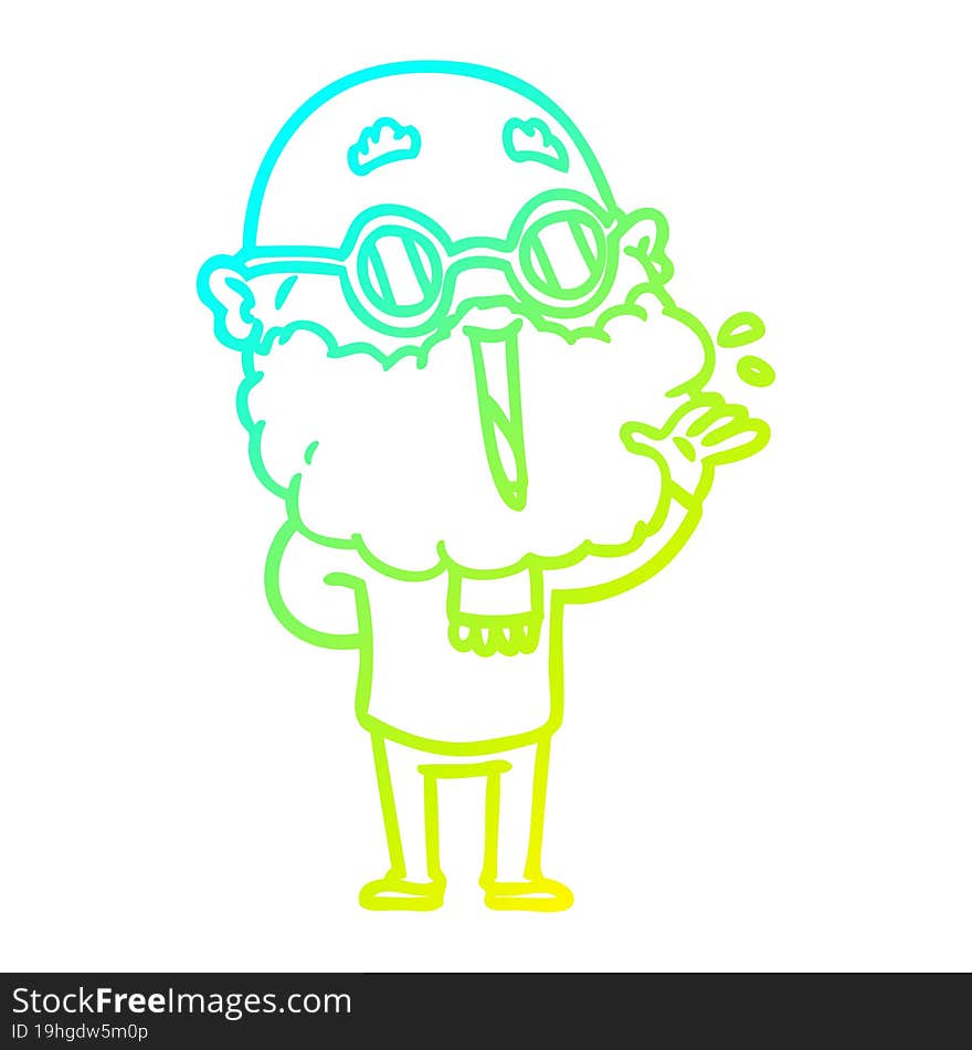 cold gradient line drawing of a cartoon joyful man with beard