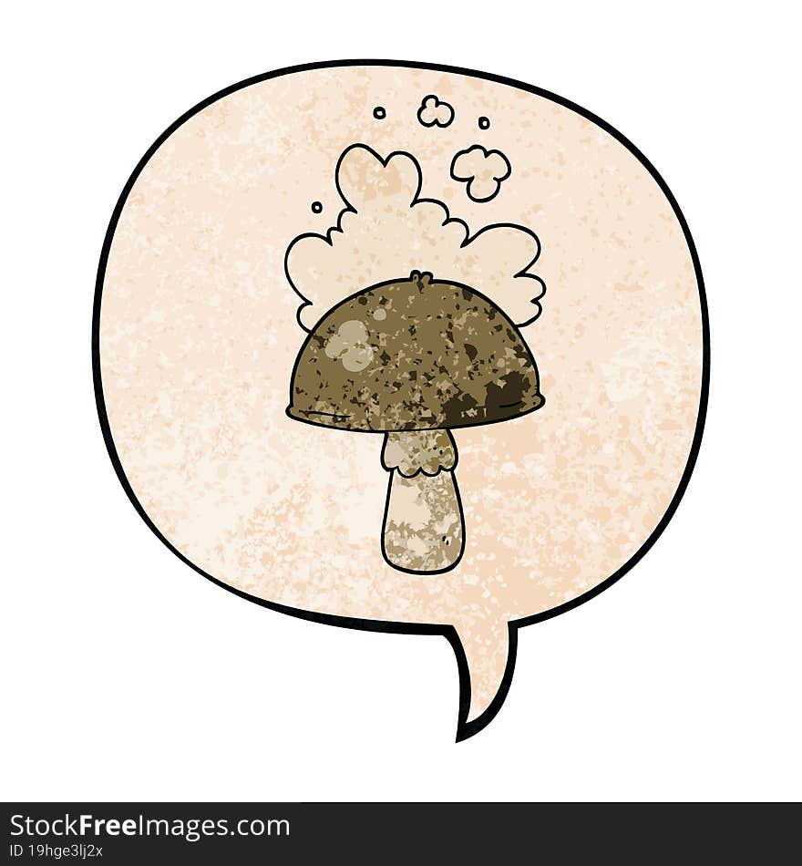 cartoon mushroom and spore cloud and speech bubble in retro texture style