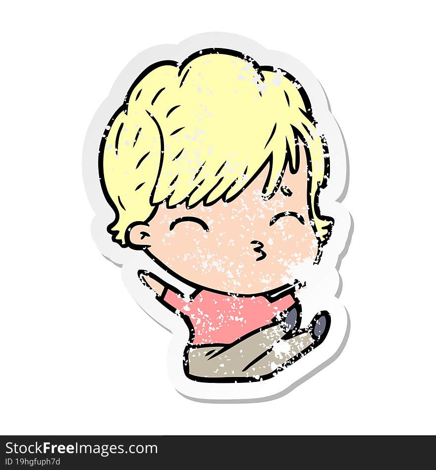 distressed sticker of a cartoon woman thinking