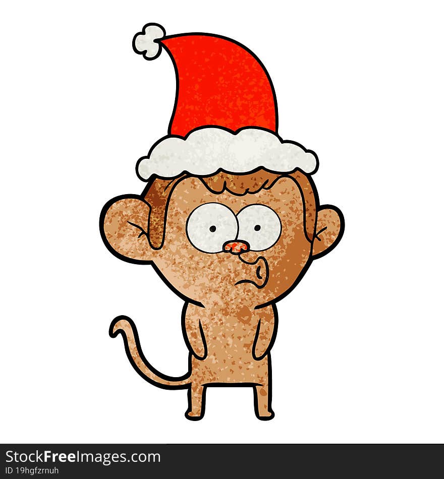 textured cartoon of a hooting monkey wearing santa hat