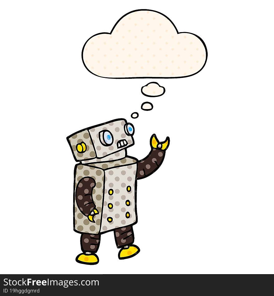 cartoon robot and thought bubble in comic book style