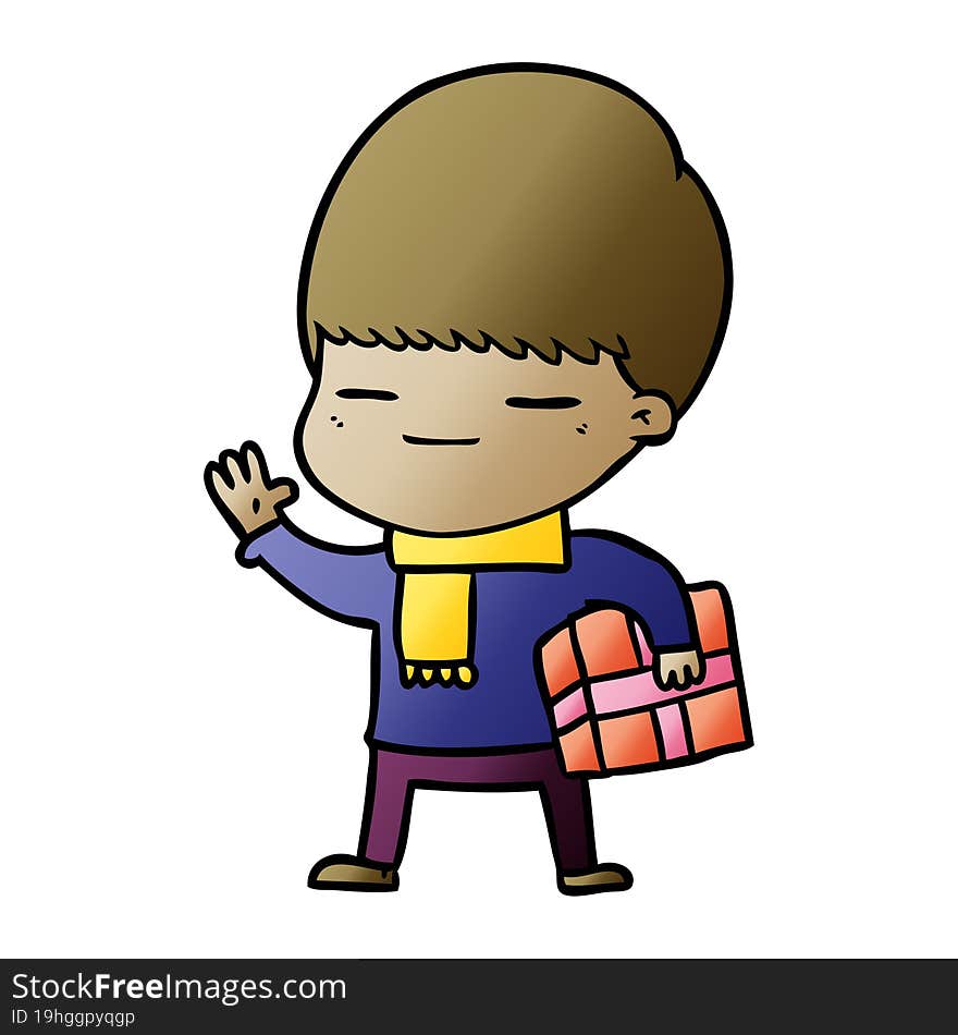 cartoon smug boy carrying present. cartoon smug boy carrying present