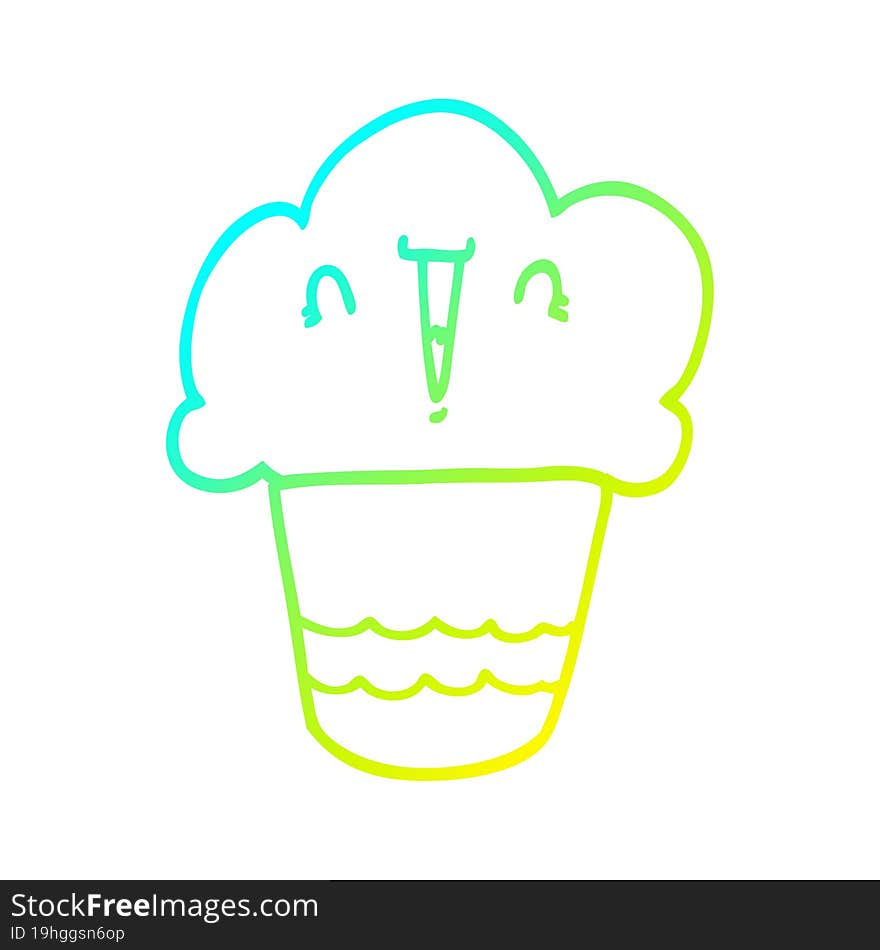 cold gradient line drawing of a cartoon cupcake with face