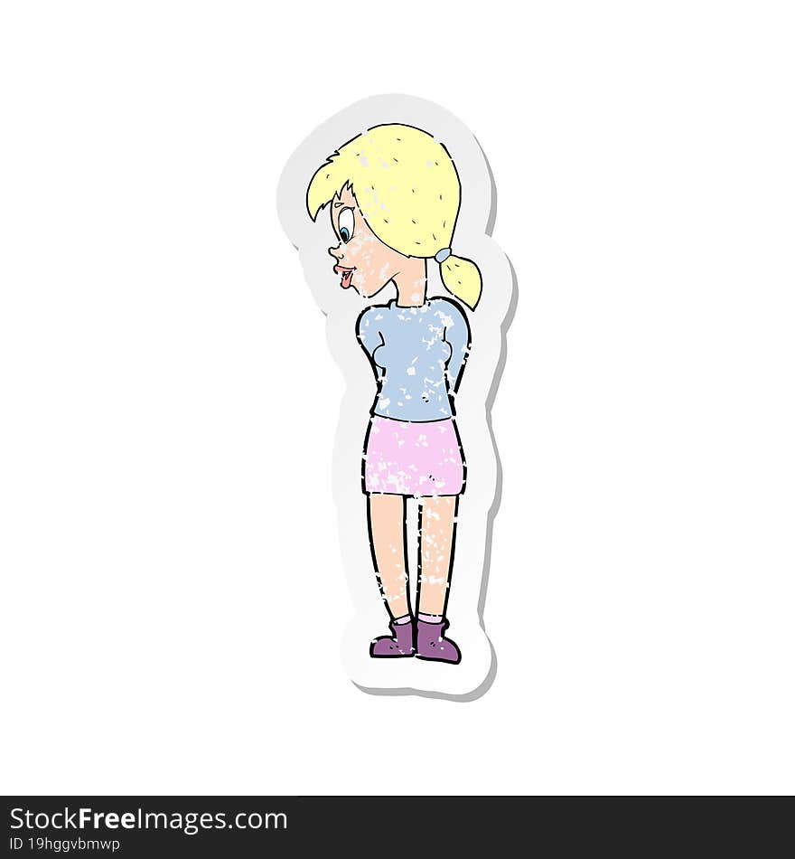 retro distressed sticker of a cartoon pretty girl