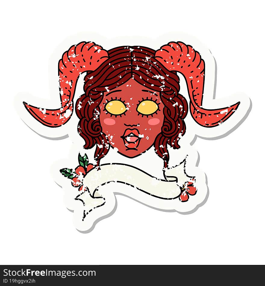 grunge sticker of a tiefling character face with scroll banner. grunge sticker of a tiefling character face with scroll banner