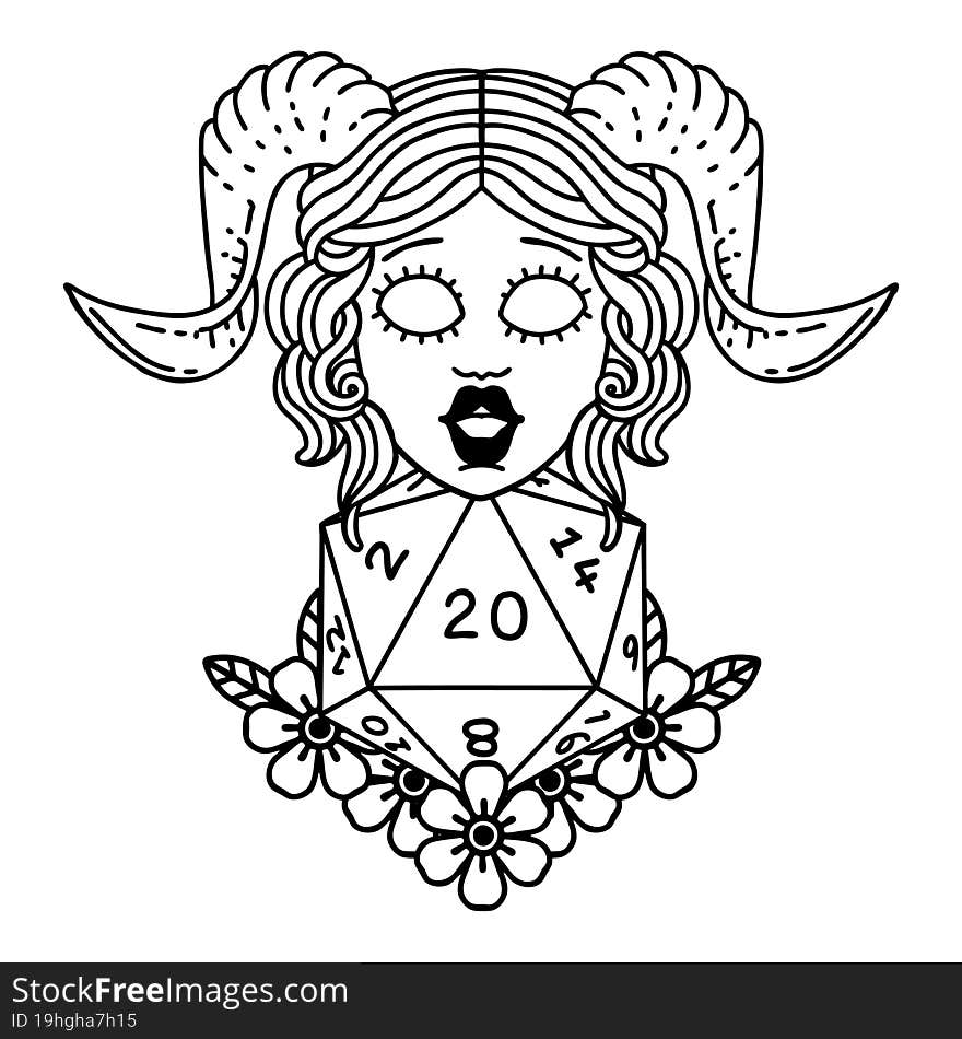 Black and White Tattoo linework Style tiefling with natural twenty dice roll. Black and White Tattoo linework Style tiefling with natural twenty dice roll