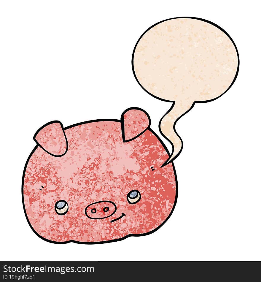 cartoon happy pig and speech bubble in retro texture style