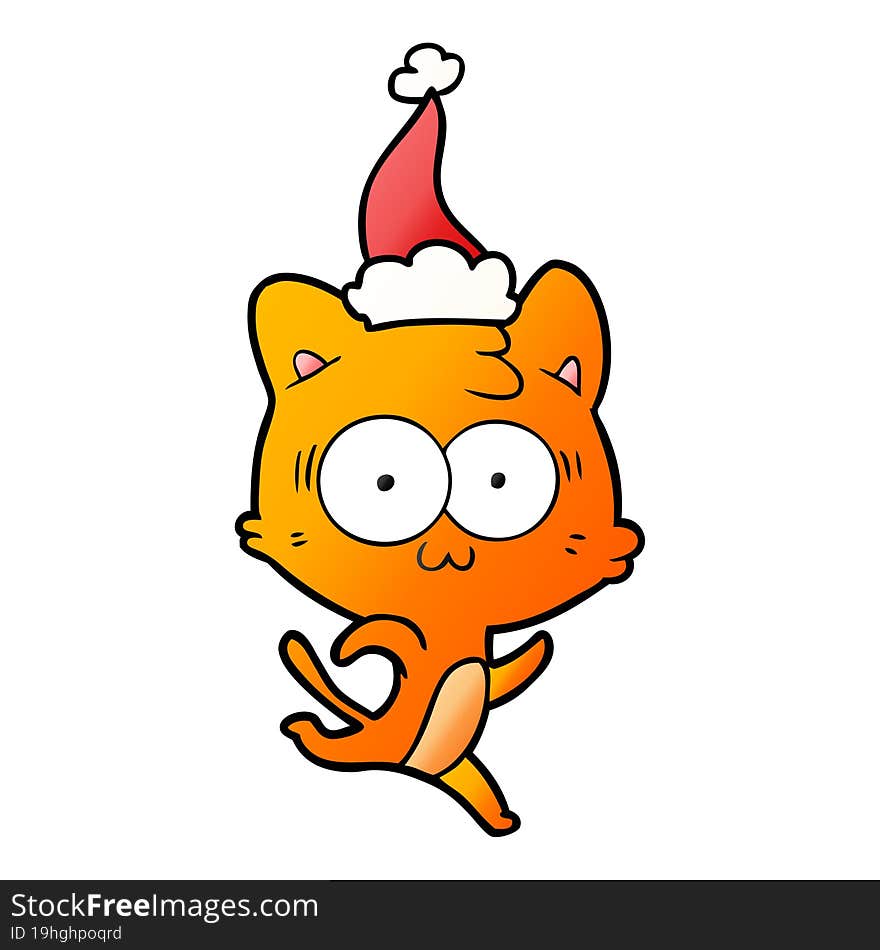 gradient cartoon of a surprised cat running wearing santa hat