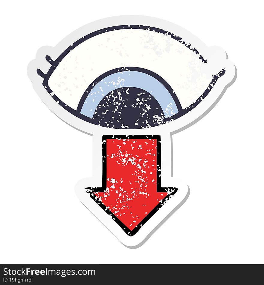 distressed sticker of a cute cartoon eye pointing down