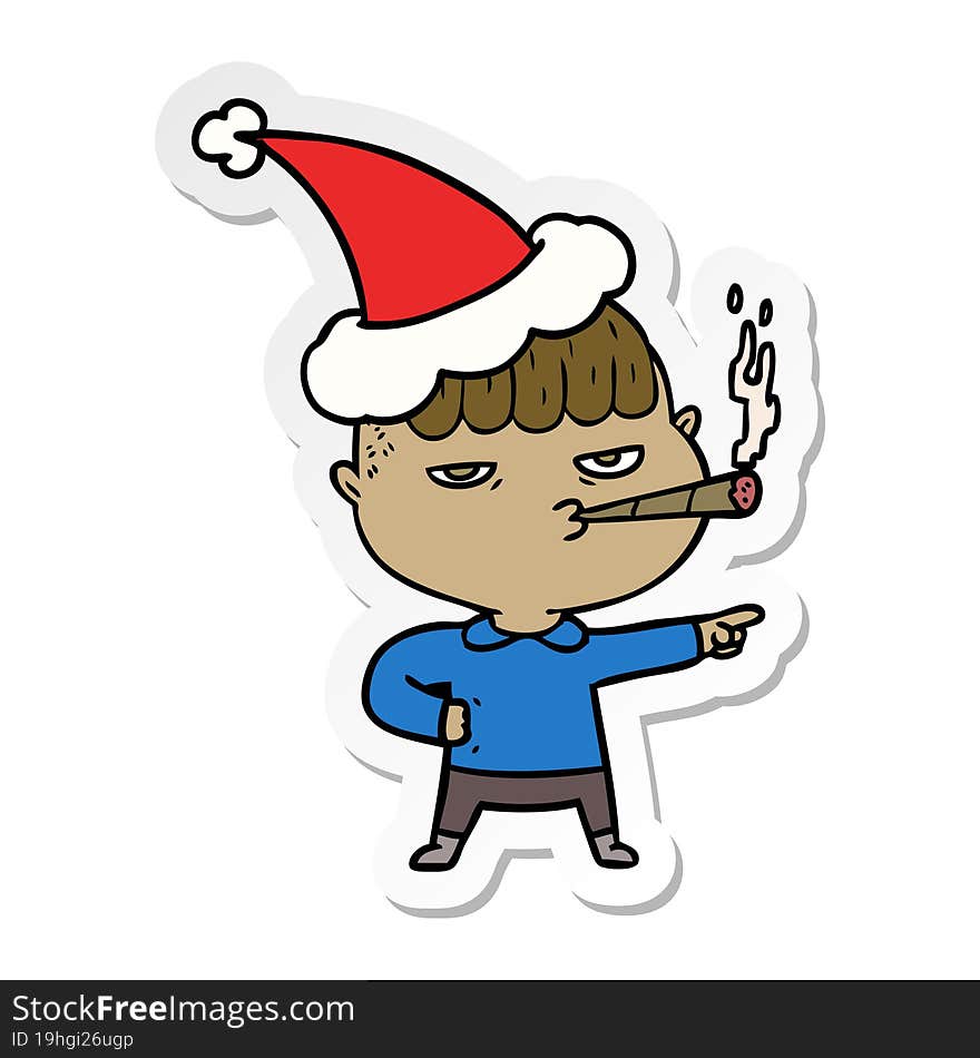 sticker cartoon of a man smoking wearing santa hat