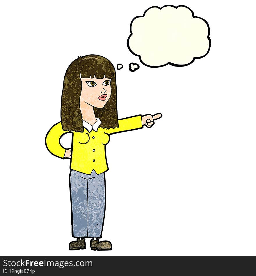 cartoon pretty woman pointing with thought bubble