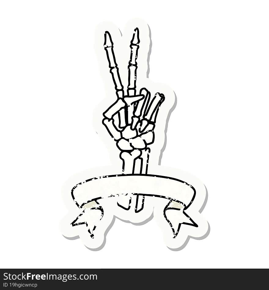 grunge sticker with banner of a skeleton hand giving a peace sign