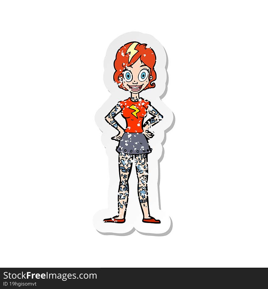 retro distressed sticker of a cartoon woman with heavy tattoos