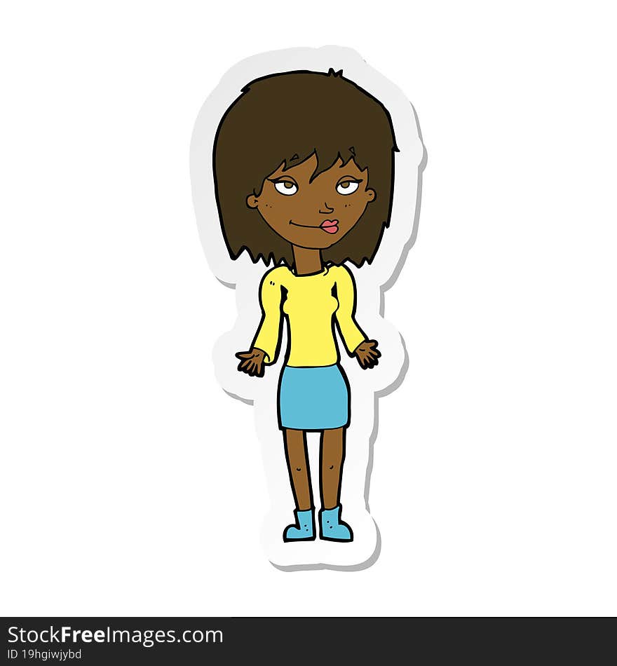 sticker of a cartoon woman shrugging shoulders