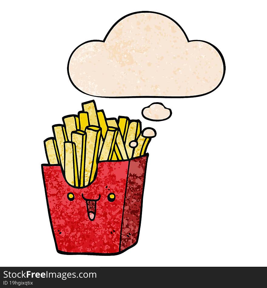 cute cartoon box of fries and thought bubble in grunge texture pattern style