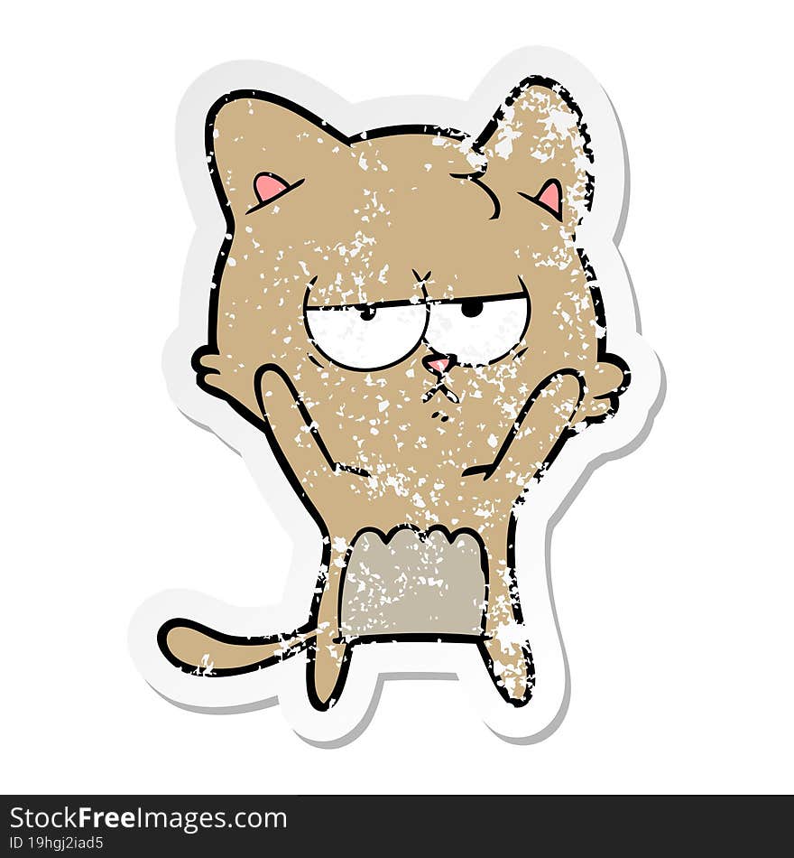 Distressed Sticker Of A Bored Cartoon Cat