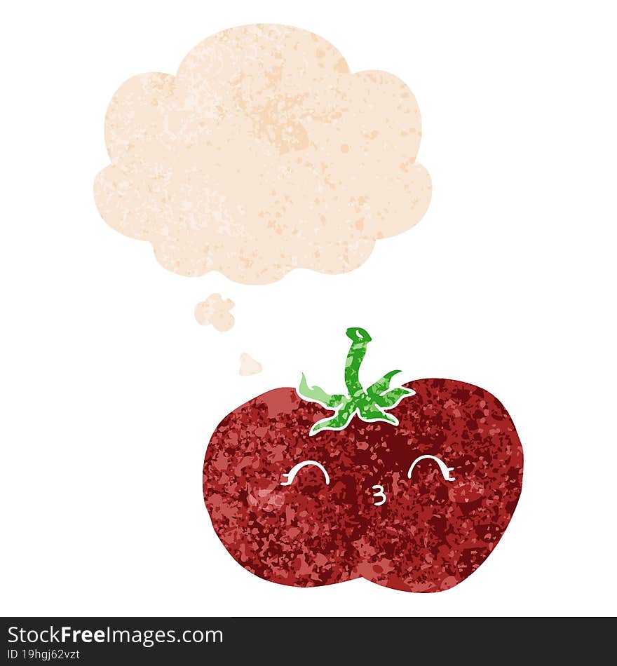 Cartoon Tomato And Thought Bubble In Retro Textured Style