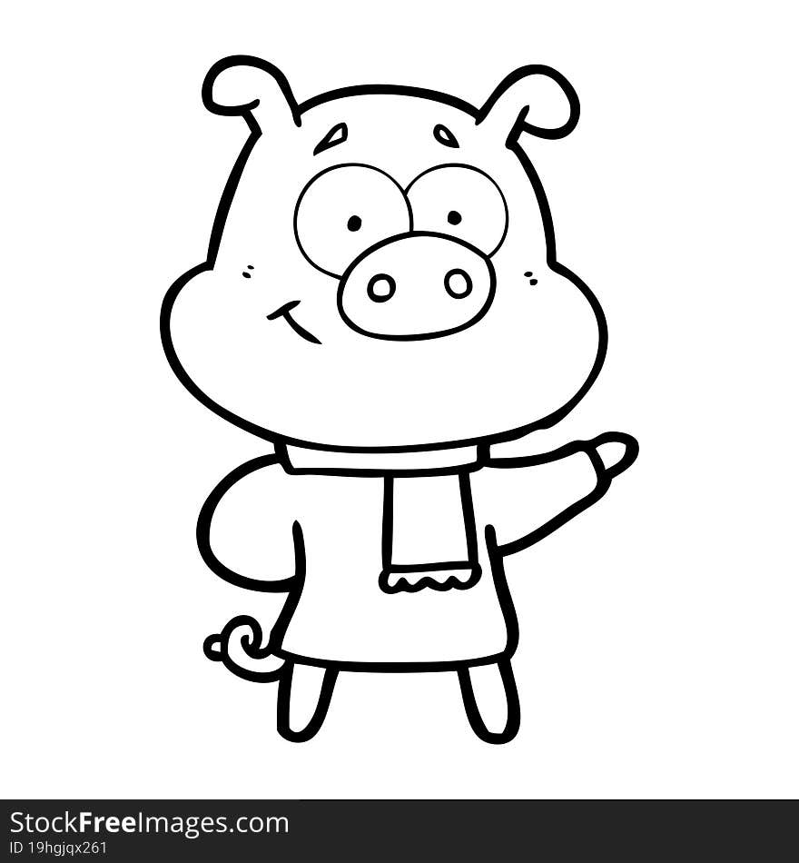 happy cartoon pig wearing warm clothes. happy cartoon pig wearing warm clothes