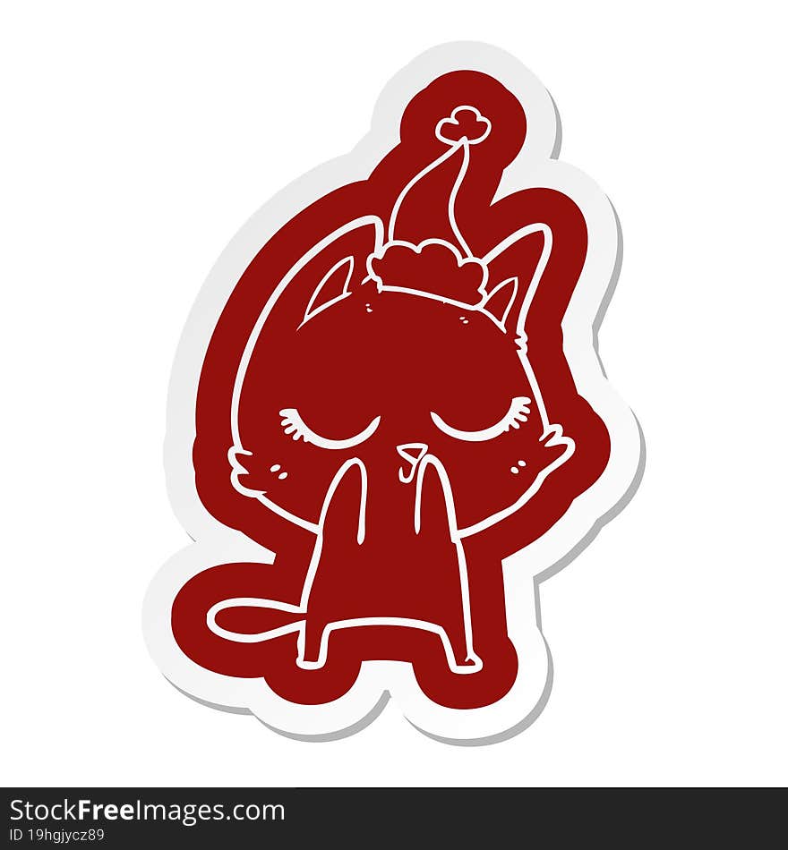 calm cartoon  sticker of a cat wearing santa hat