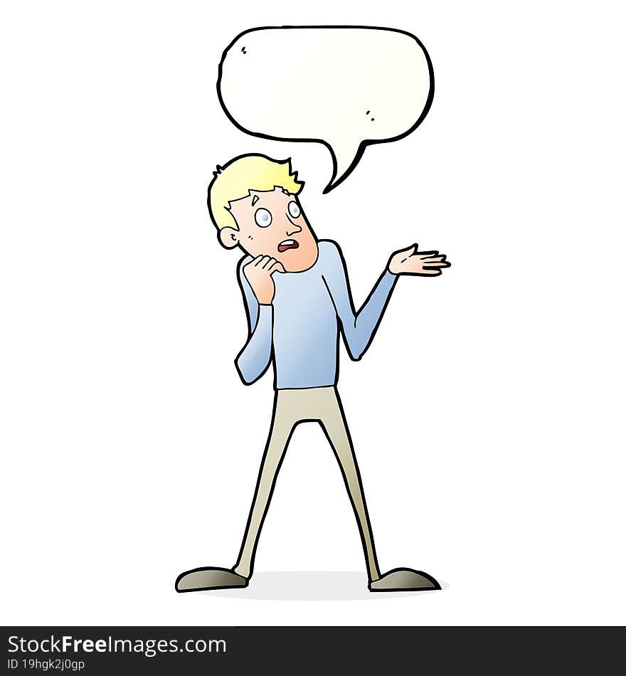 cartoon nervous man with speech bubble