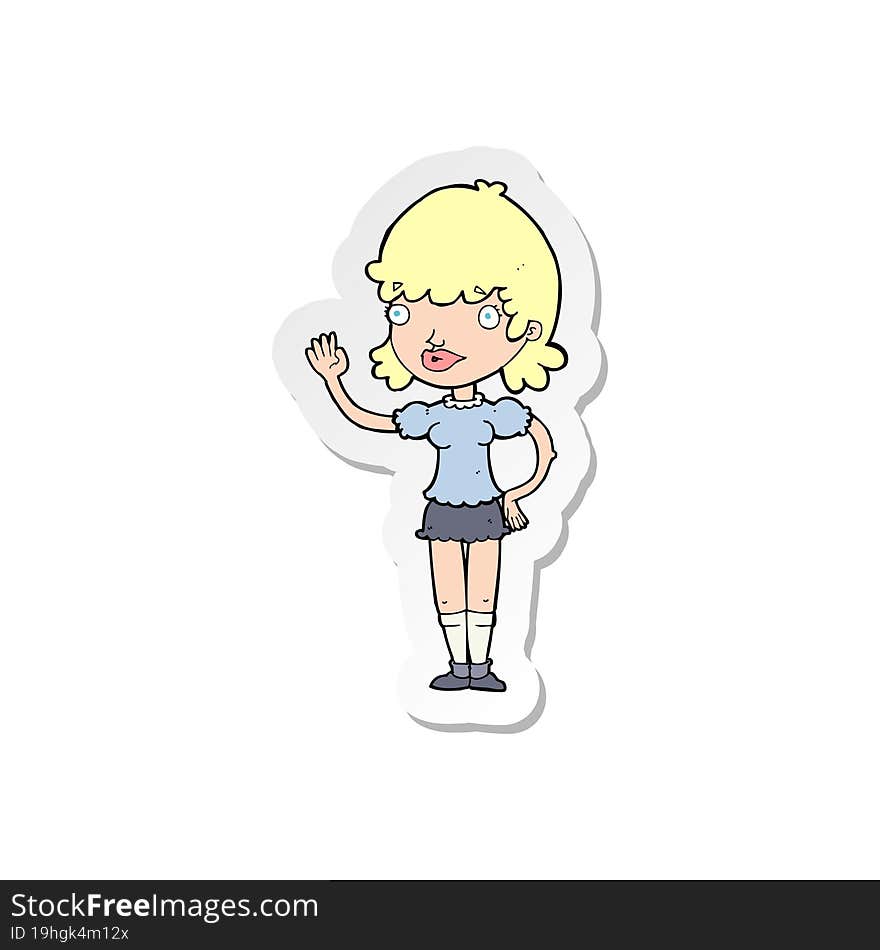 sticker of a cartoon waving woman