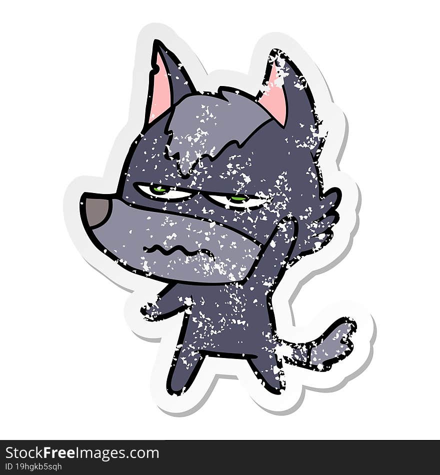 distressed sticker of a cartoon annoyed wolf