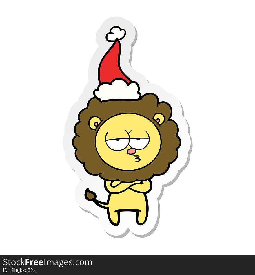 hand drawn sticker cartoon of a tired lion wearing santa hat