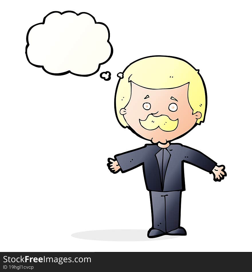 cartoon mustache man with open arms with thought bubble