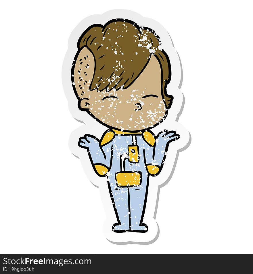 distressed sticker of a cartoon girl wearing futuristic clothes