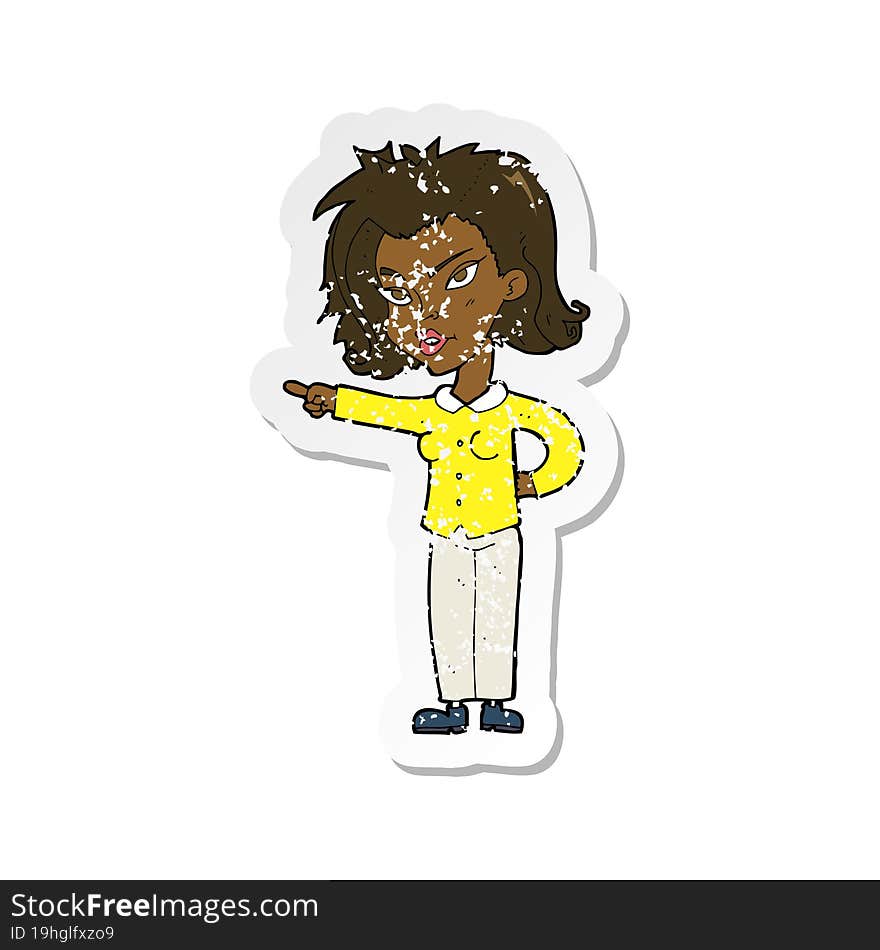 retro distressed sticker of a cartoon woman pointing