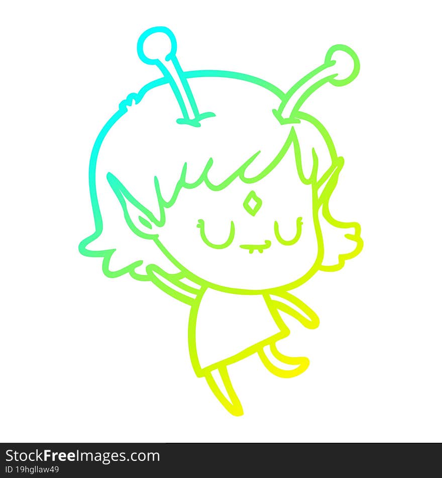 cold gradient line drawing of a cartoon alien girl