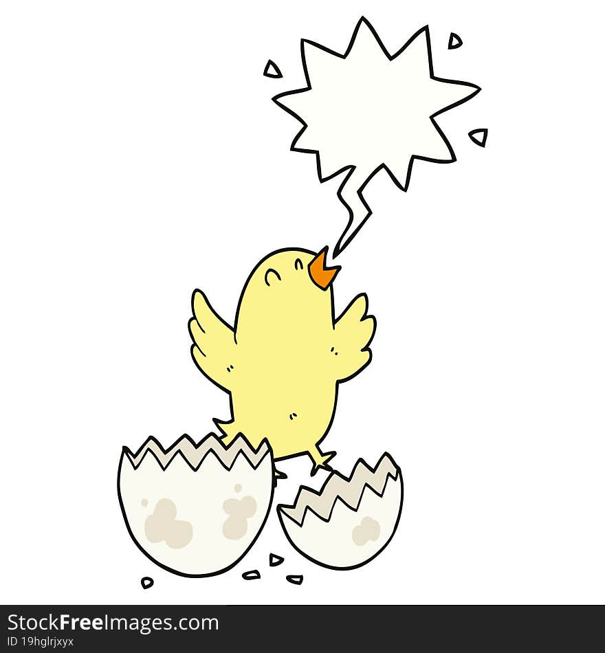 cartoon bird hatching from egg and speech bubble