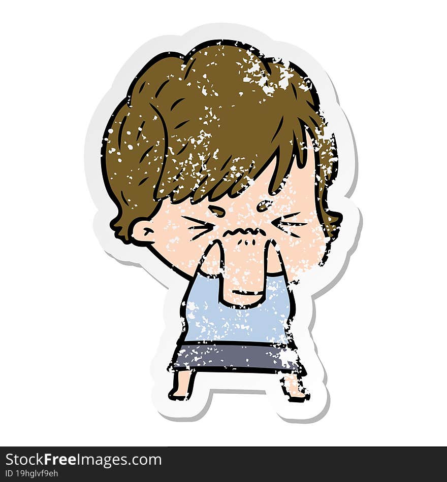 distressed sticker of a cartoon frustrated woman