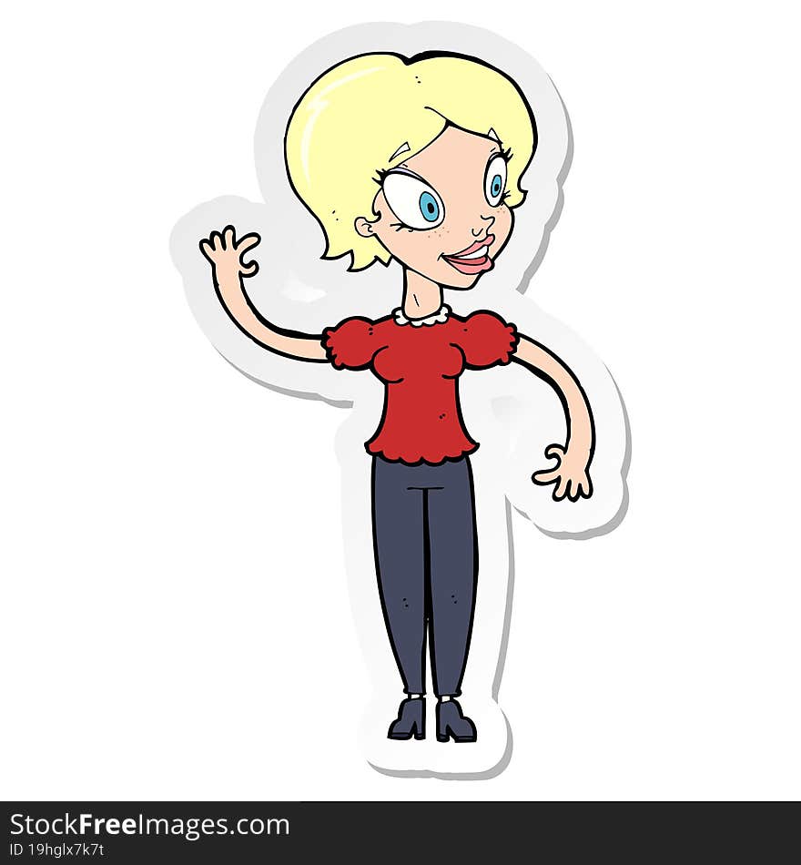 sticker of a cartoon woman waving