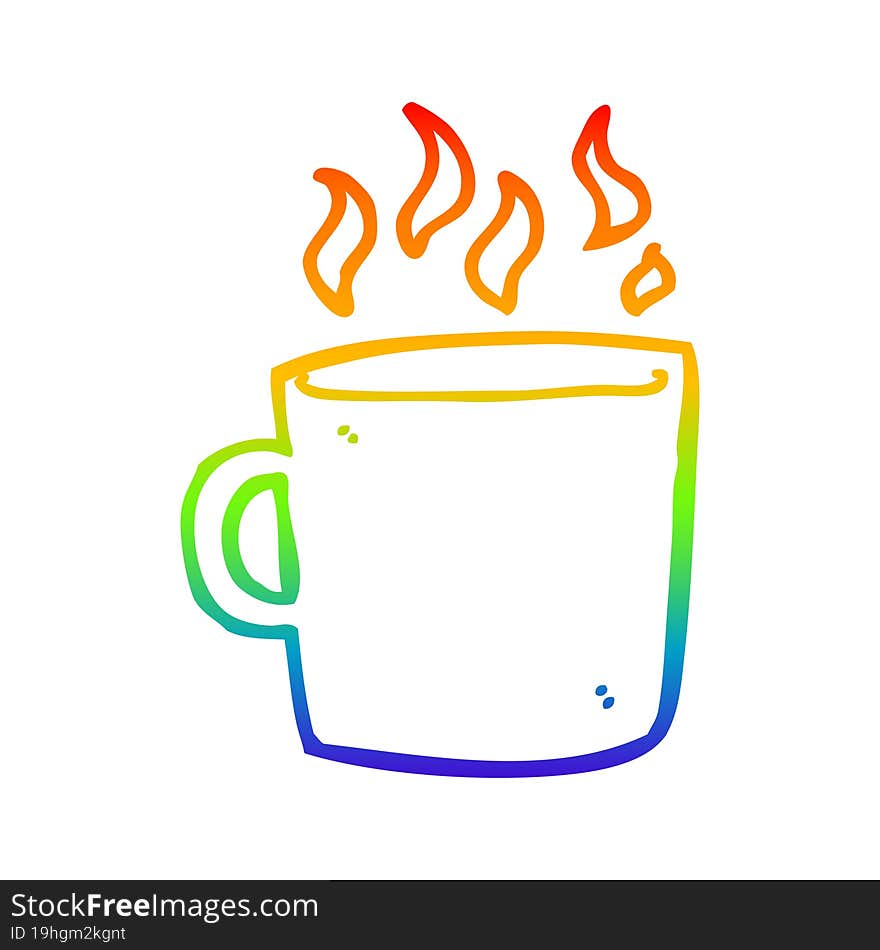 rainbow gradient line drawing of a cartoon hot cup of coffee