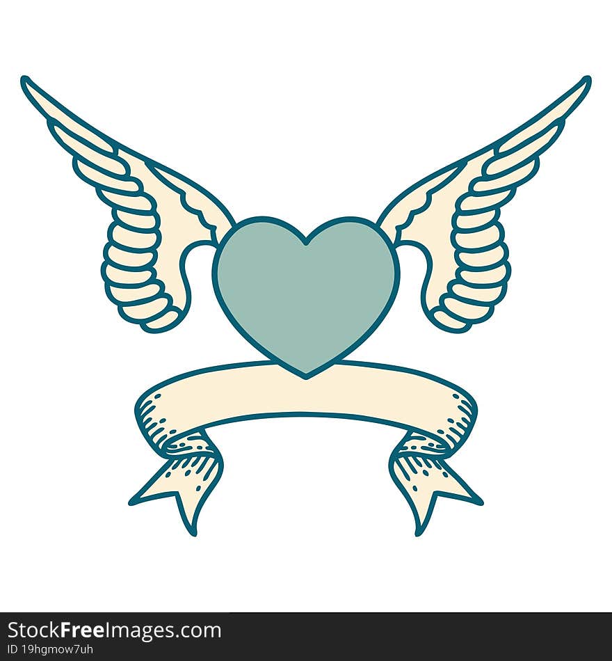 traditional tattoo with banner of a heart with wings