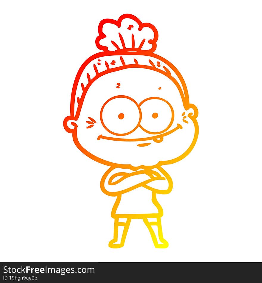 warm gradient line drawing of a cartoon happy old woman