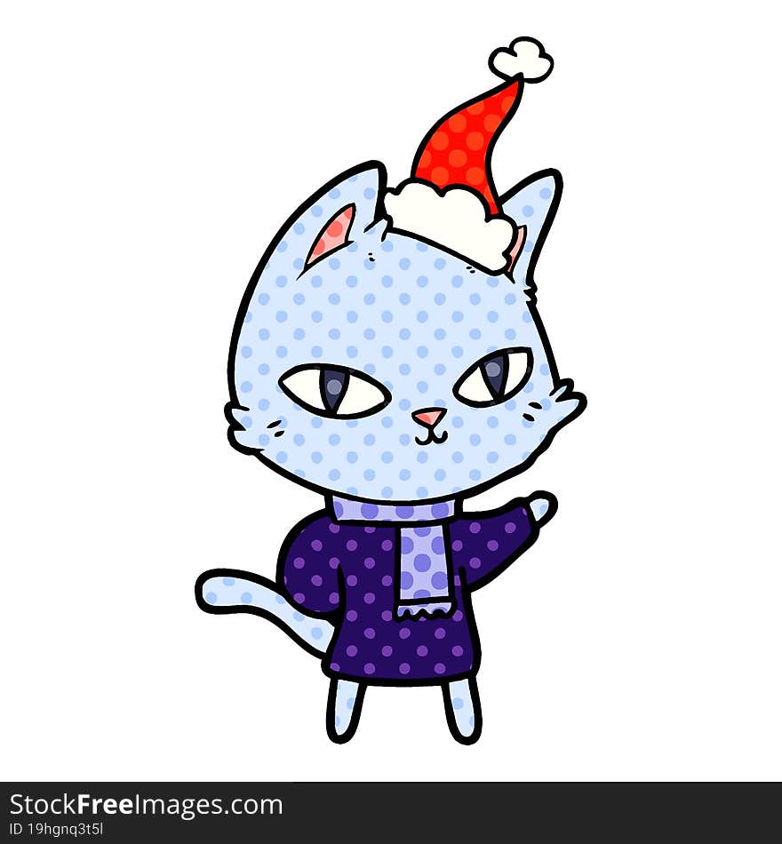 comic book style illustration of a cat staring wearing santa hat